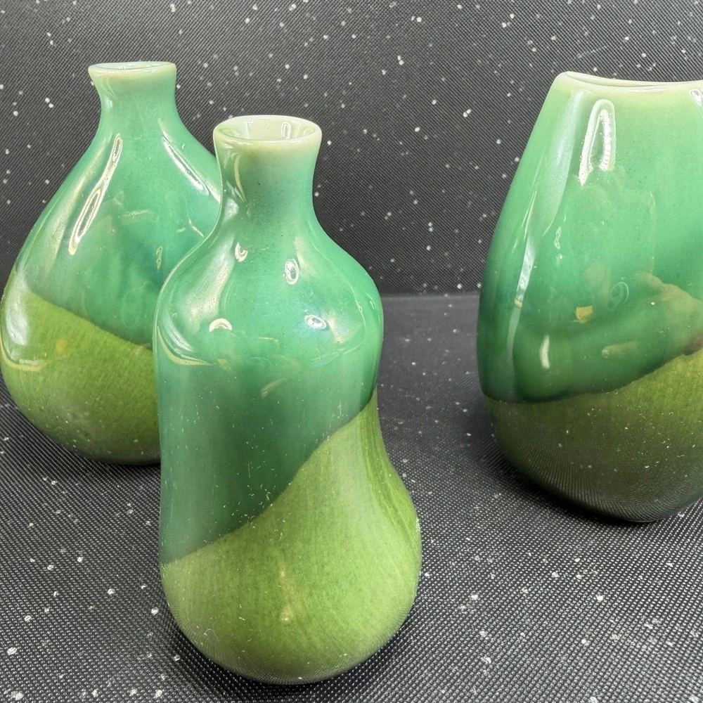 IKEA 3 Piece Bud Vase Set Green Two Tone Glazed Ceramic Organic Shape 4.5 Inch